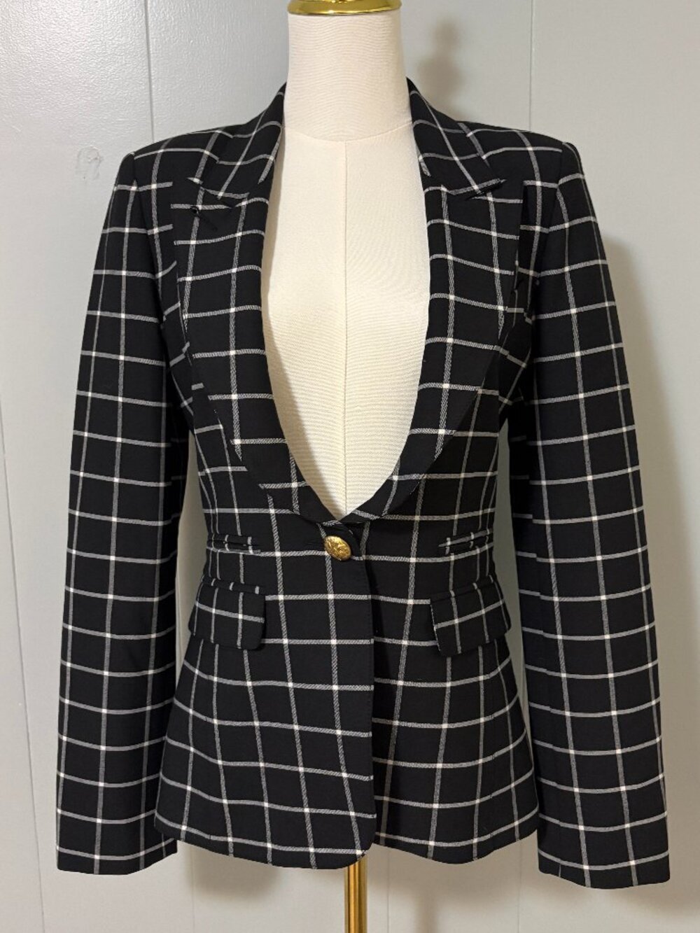 Smythe Peaked Lapel Wool Blazer Black Windowpane Leather Elbow Patches US 6